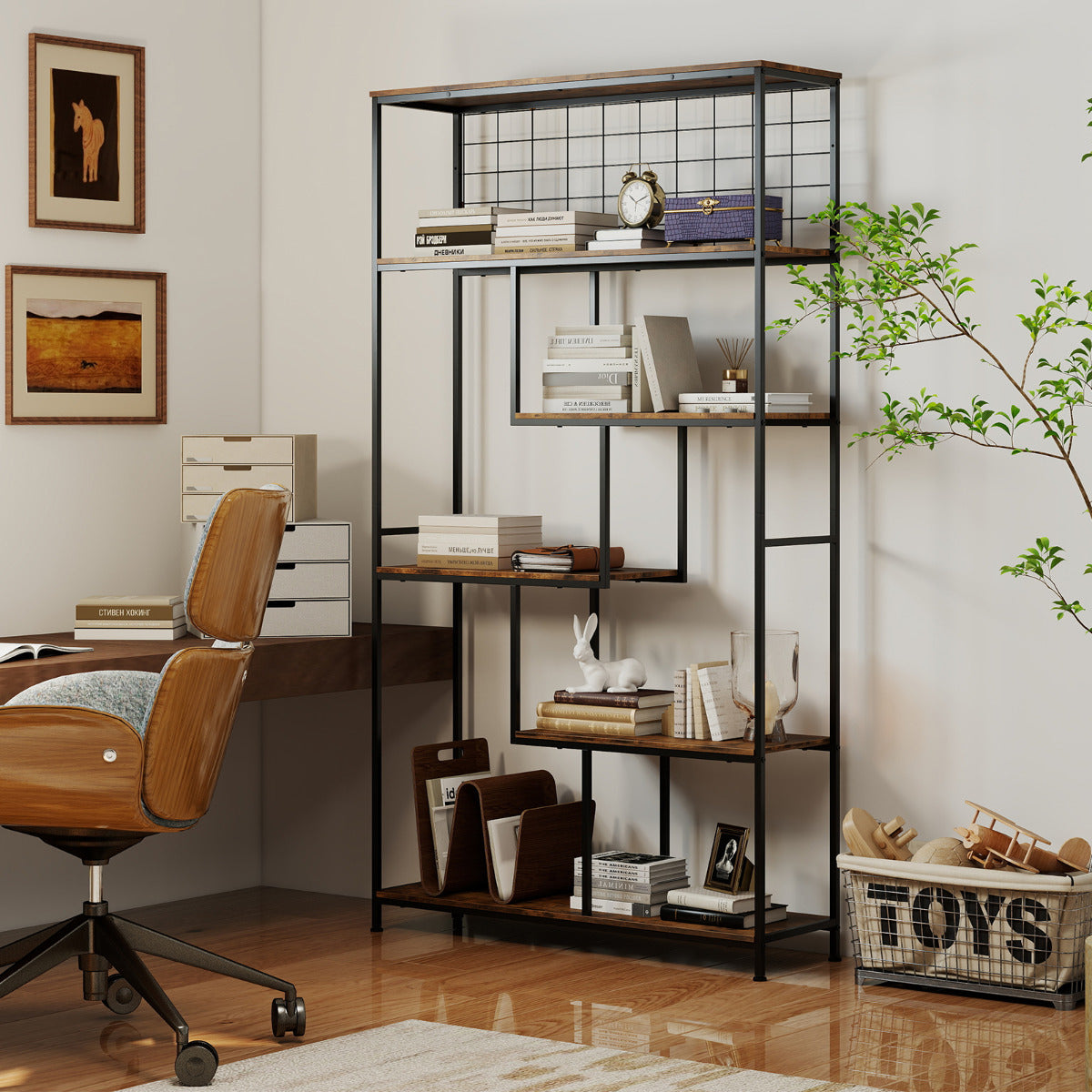 Industrial Freestanding Plant Stand with Metal Net-Rustic Brown