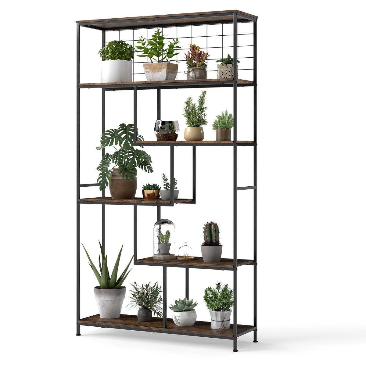 Industrial Freestanding Plant Stand with Metal Net-Rustic Brown