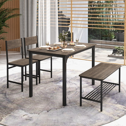 Industrial Gathering Table Set with 2 Chairs &amp; 1 Bench for Dining Room Grey