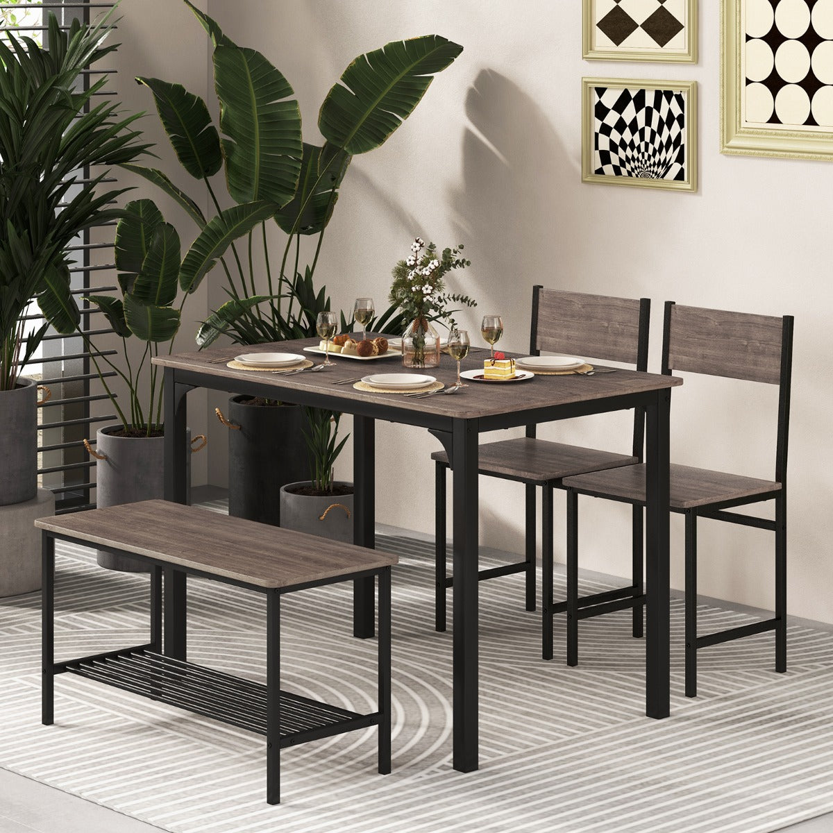 Industrial Gathering Table Set with 2 Chairs &amp; 1 Bench for Dining Room Grey