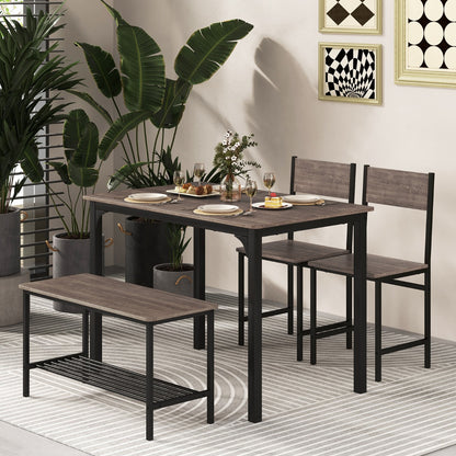 Industrial Gathering Table Set with 2 Chairs &amp; 1 Bench for Dining Room Grey