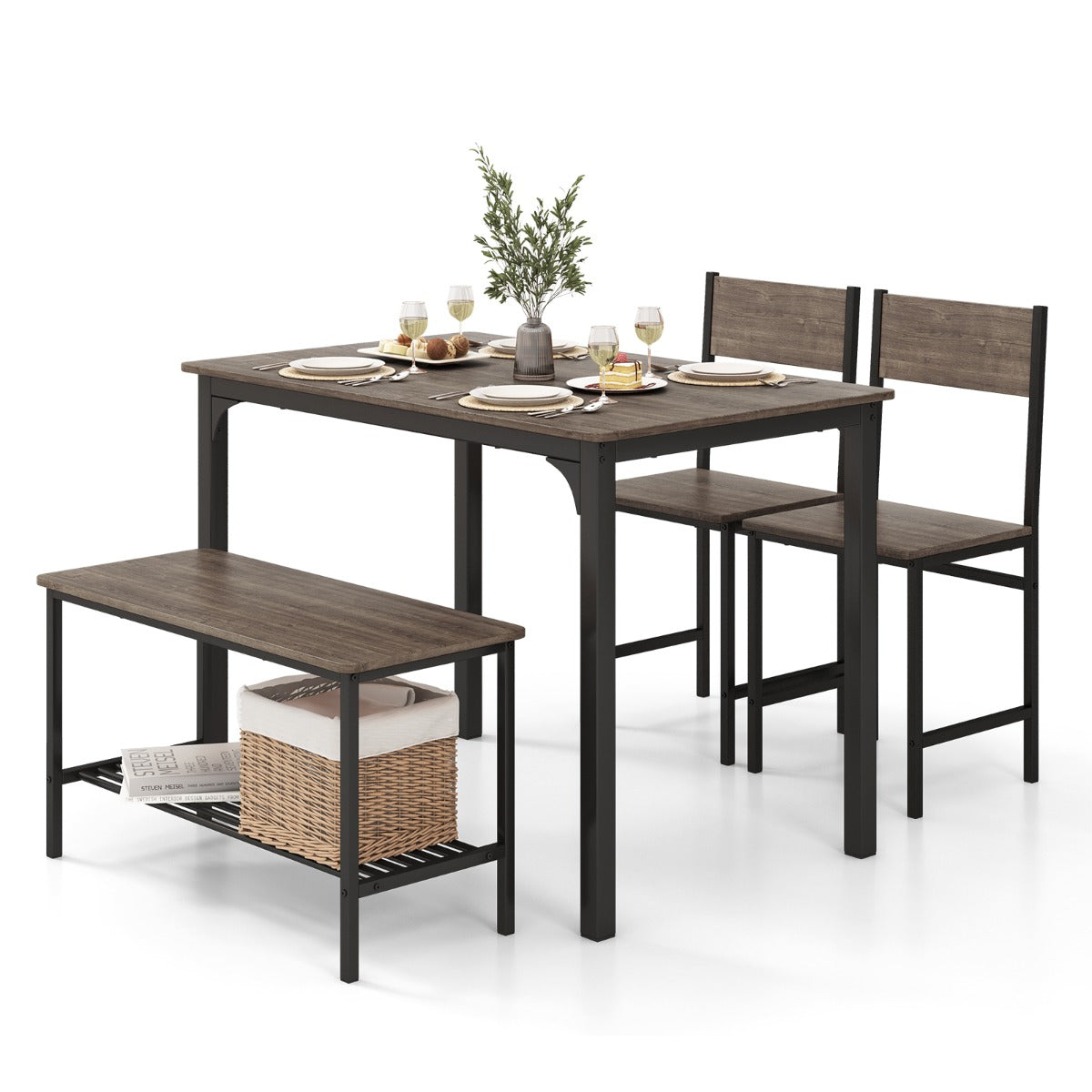 Industrial Gathering Table Set with 2 Chairs &amp; 1 Bench for Dining Room Grey