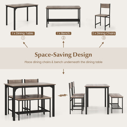 Industrial Gathering Table Set with 2 Chairs &amp; 1 Bench for Dining Room Grey