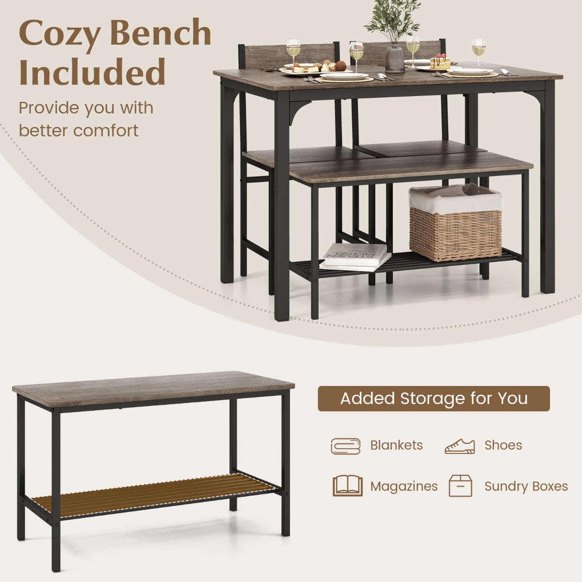 Industrial Gathering Table Set with 2 Chairs &amp; 1 Bench for Dining Room Grey