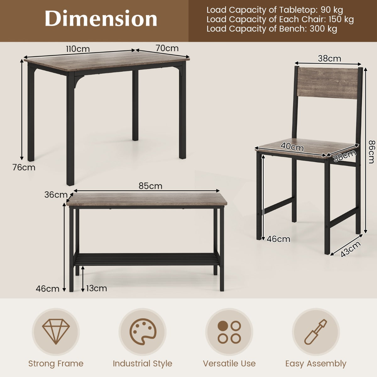Industrial Gathering Table Set with 2 Chairs &amp; 1 Bench for Dining Room Grey