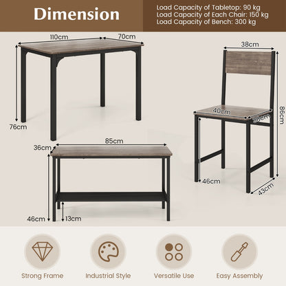 Industrial Gathering Table Set with 2 Chairs &amp; 1 Bench for Dining Room Grey