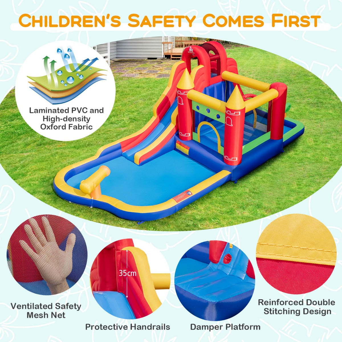9-in-1 Inflatable Bounce Castle with Waterslide for 3+ (with 680W Blower)