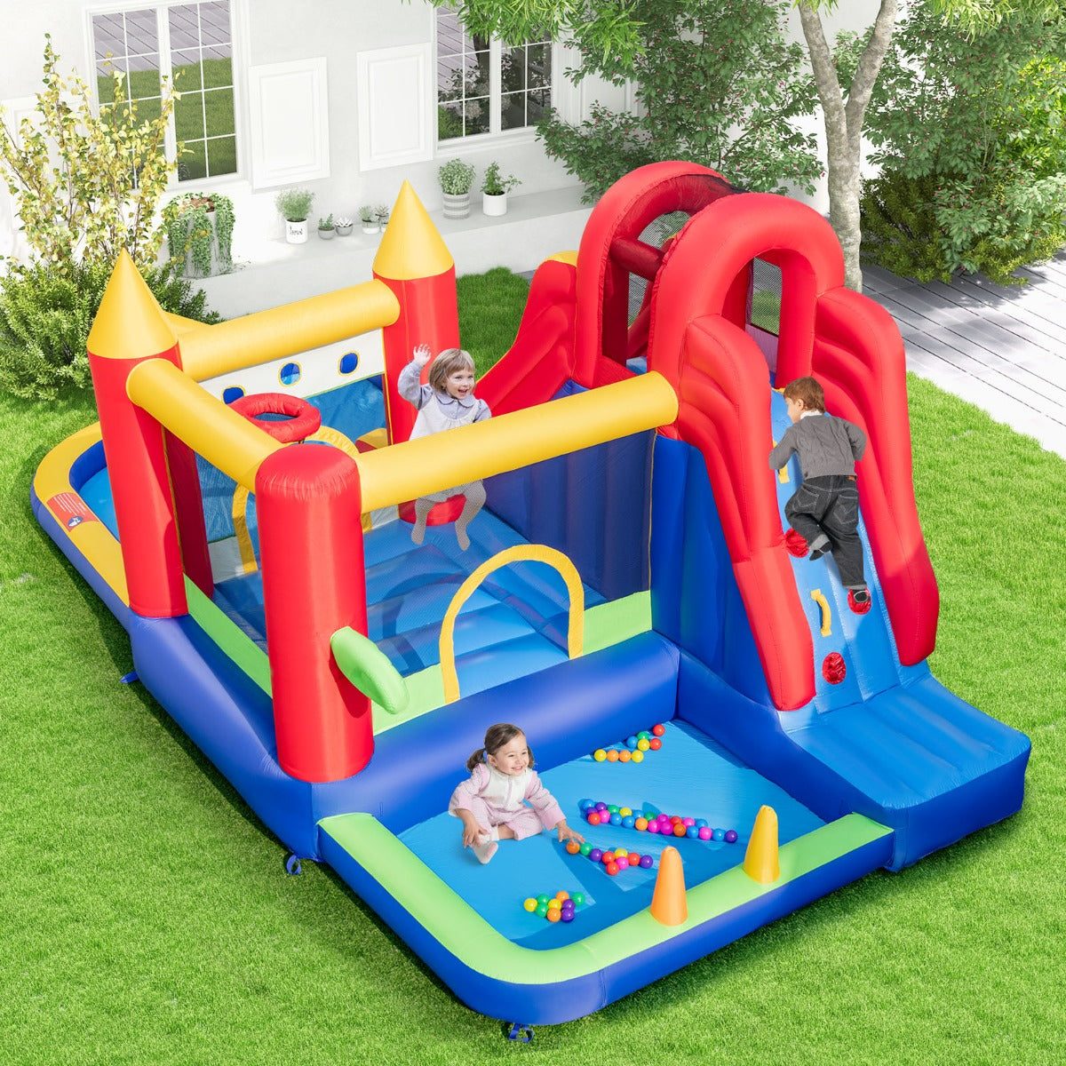 9-in-1 Inflatable Bounce Castle with Waterslide for 3+ (with 680W Blower)