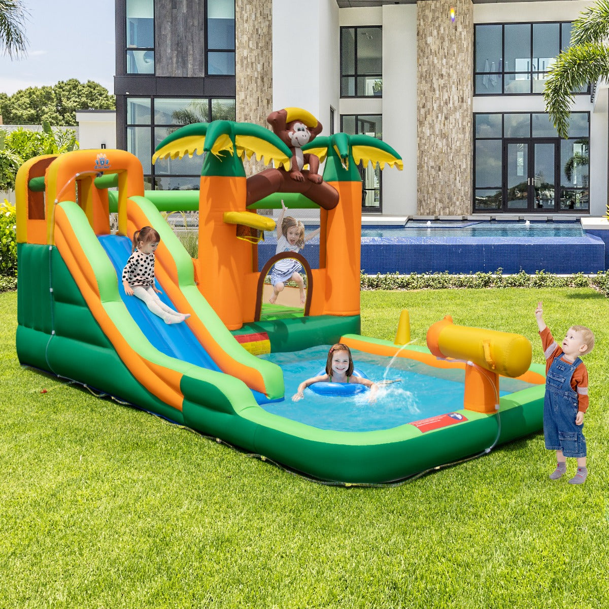 7-in-1 Inflatable Bounce House with Slide and Splash Pool(with 680W Blower)