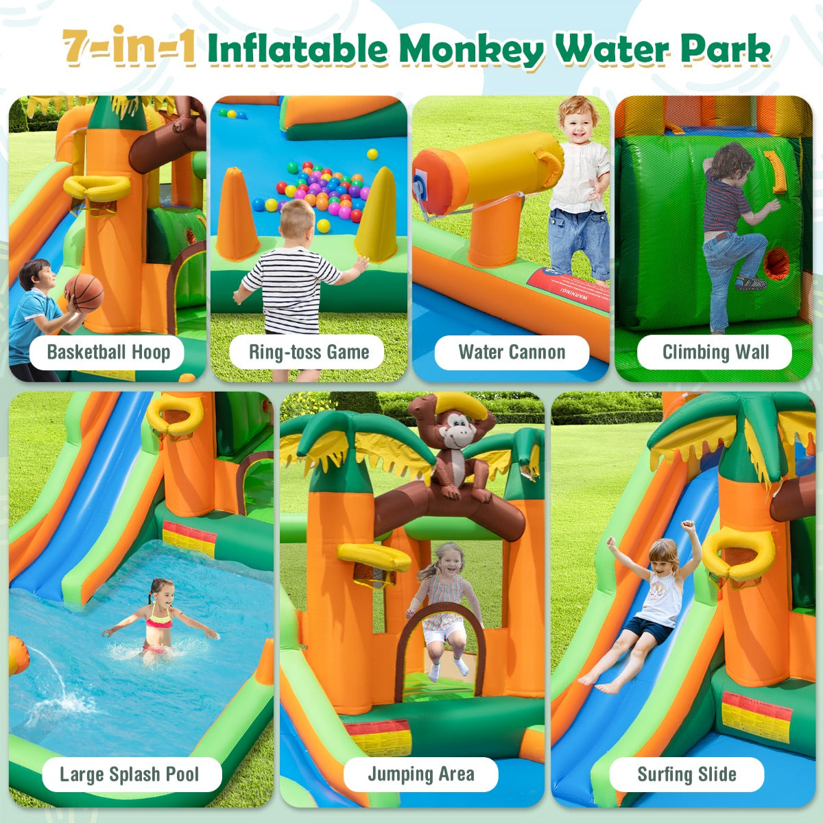 7-in-1 Inflatable Bounce House with Slide and Splash Pool(with 680W Blower)