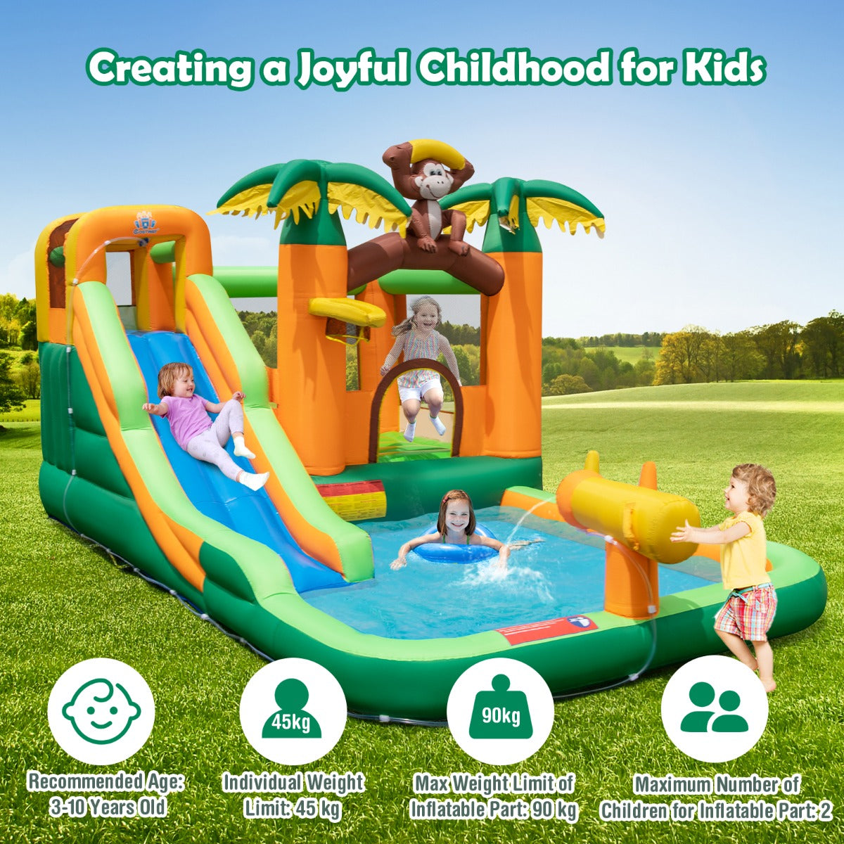 7-in-1 Inflatable Bounce House with Slide and Splash Pool(with 680W Blower)