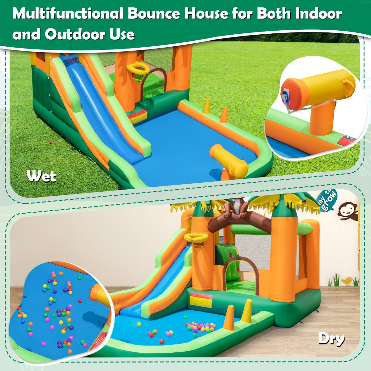 7-in-1 Inflatable Bounce House with Slide and Splash Pool(with 680W Blower)