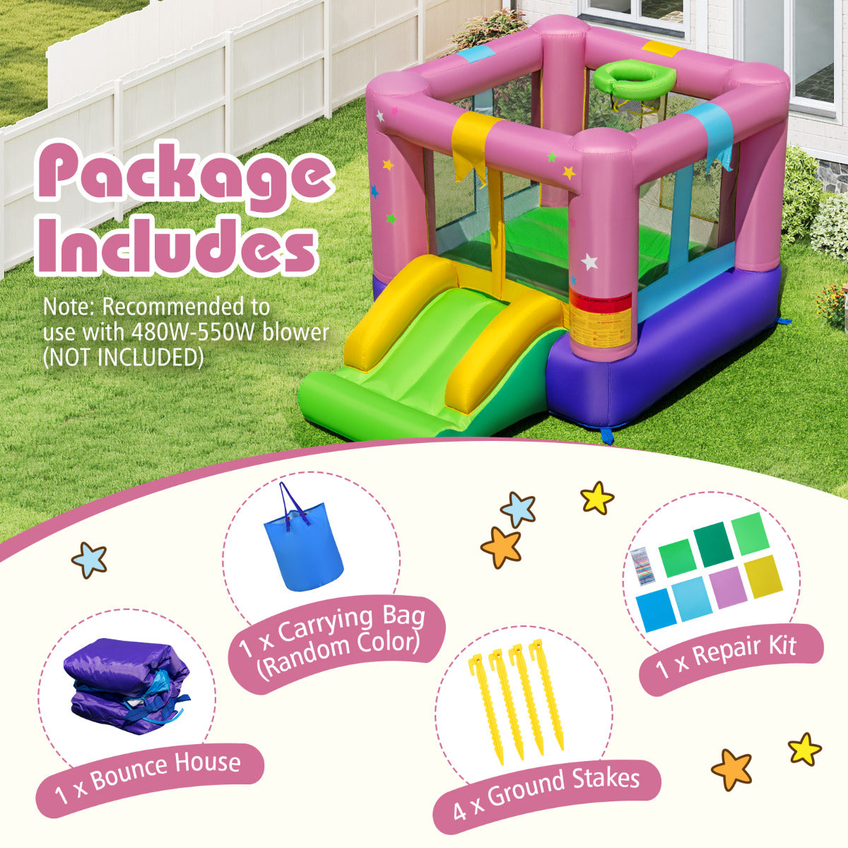 Inflatable Bounce House with Slide and Basketball Rim Without Blower