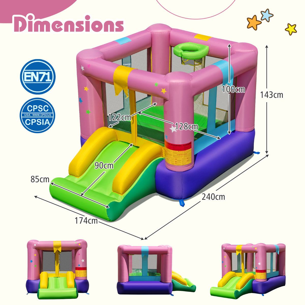 Inflatable Bounce House with Slide and Basketball Rim Without Blower