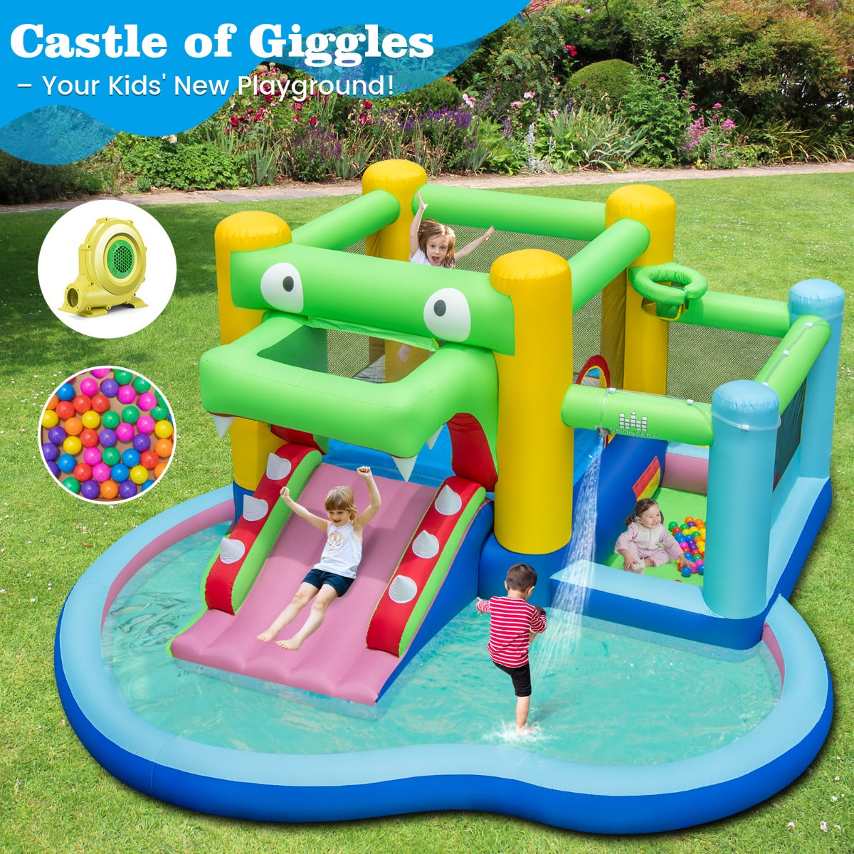 Costway 5-in-1 Inflatable Bounce House with Slide and Ocean Balls with 680W Blower