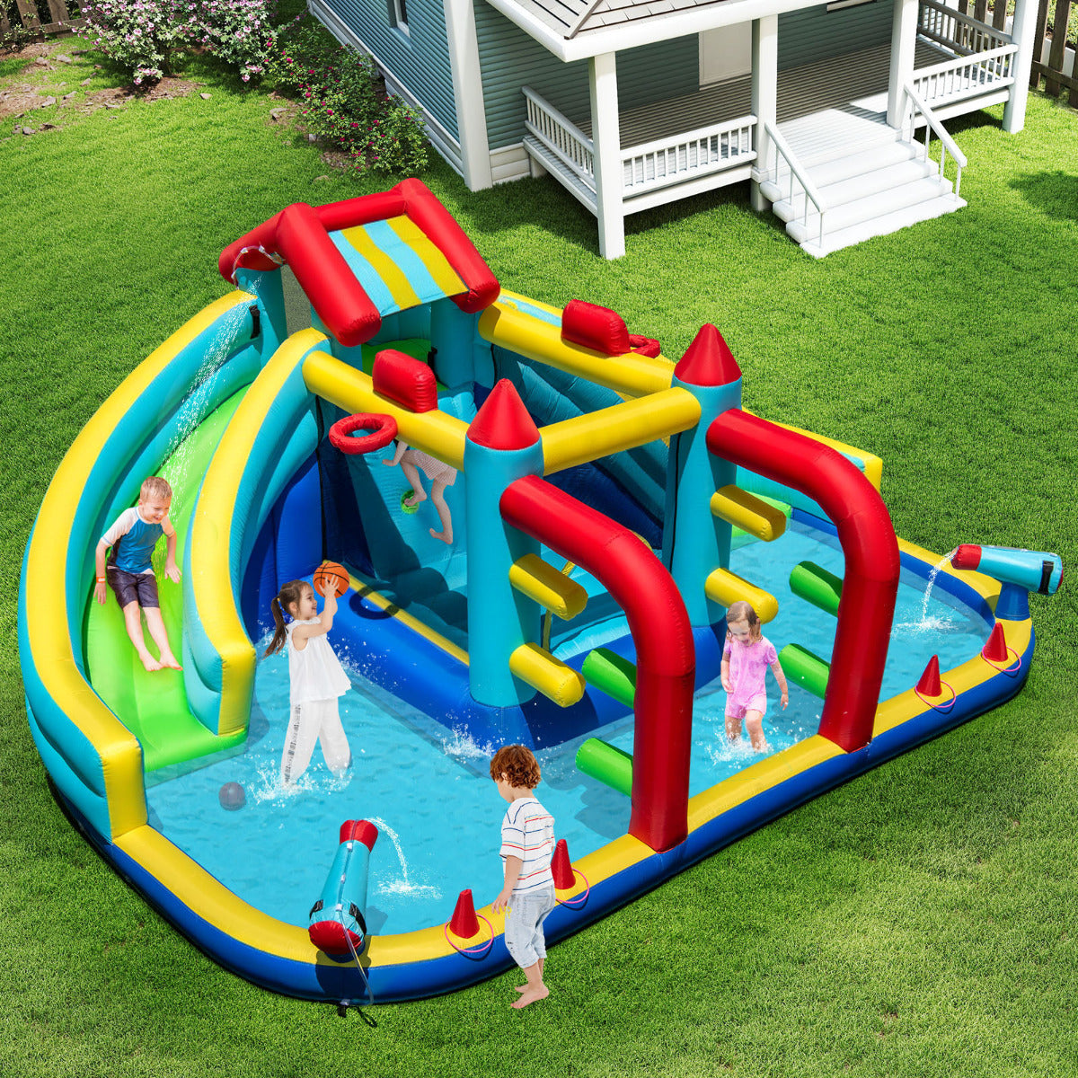 Inflatable Double Water Slide Park with Obstacle Course and Basketball Hoops(With Blower)