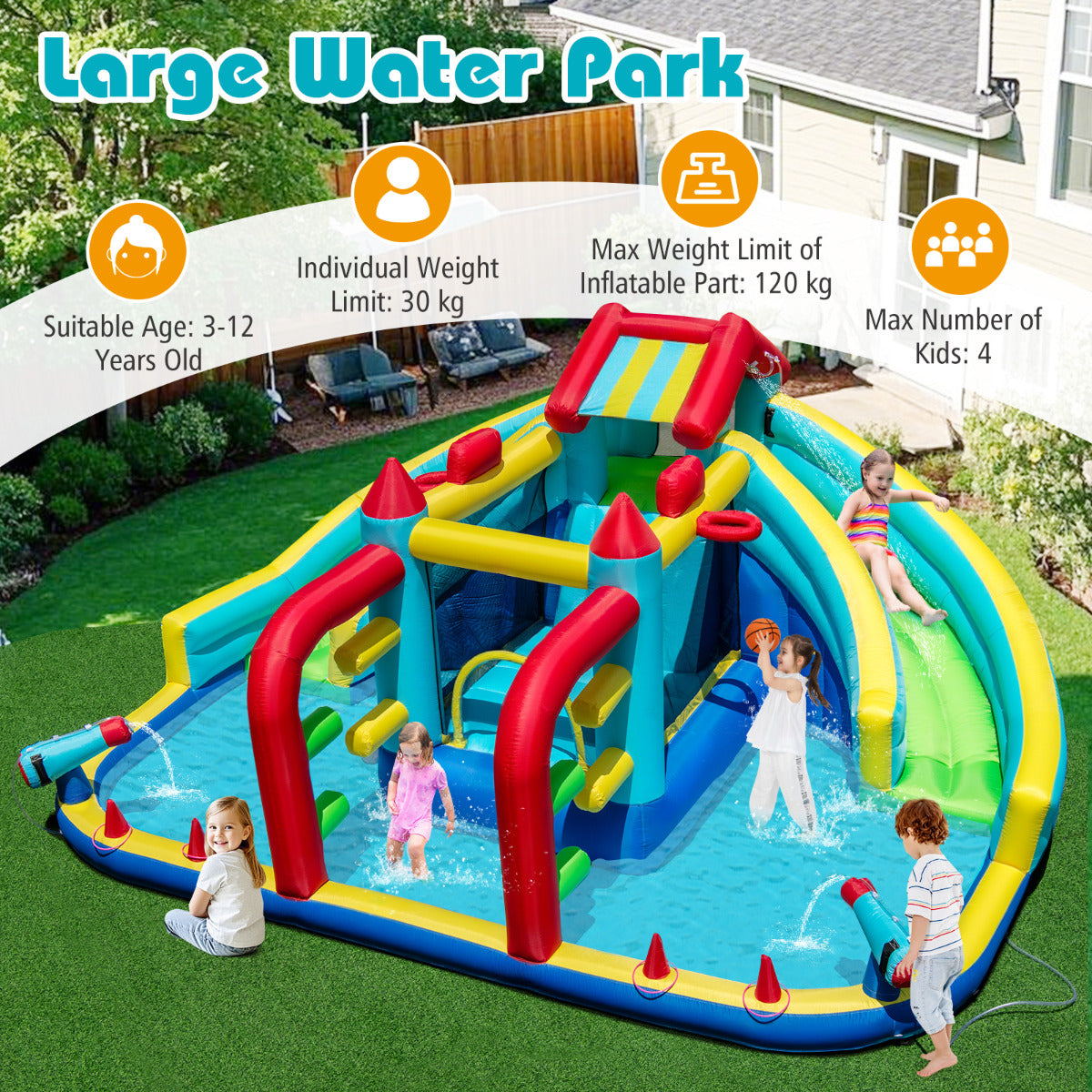 Inflatable Double Water Slide Park with Obstacle Course and Basketball Hoops(With Blower)