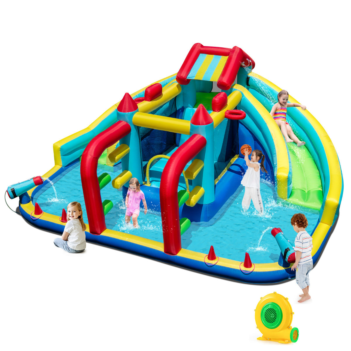 Inflatable Double Water Slide Park with Obstacle Course and Basketball Hoops(With Blower)