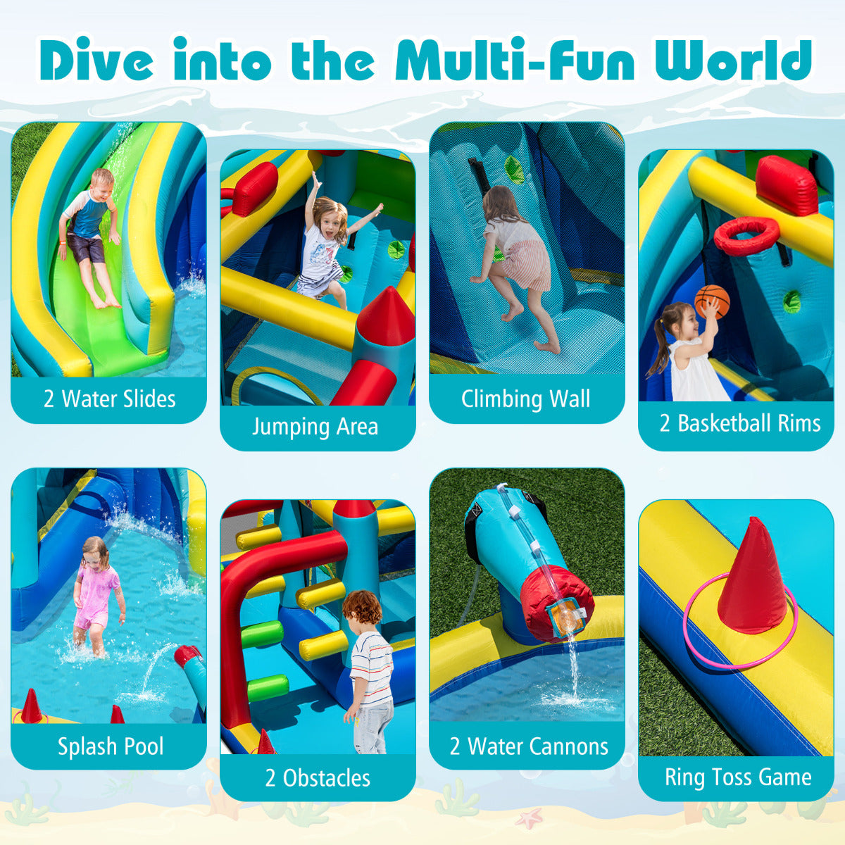 Inflatable Double Water Slide Park with Obstacle Course and Basketball Hoops(With Blower)