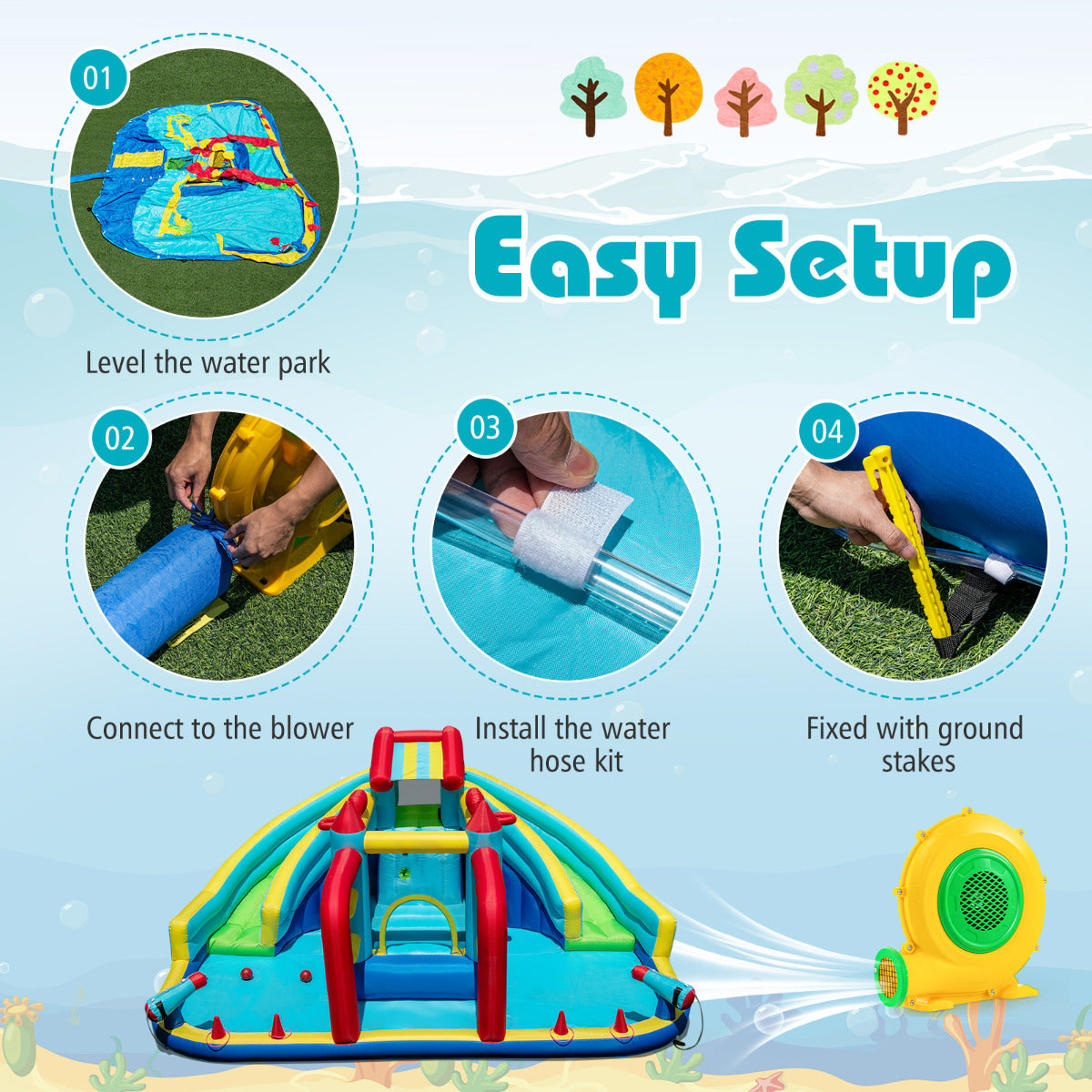 Inflatable Double Water Slide Park with Obstacle Course and Basketball Hoops(With Blower)