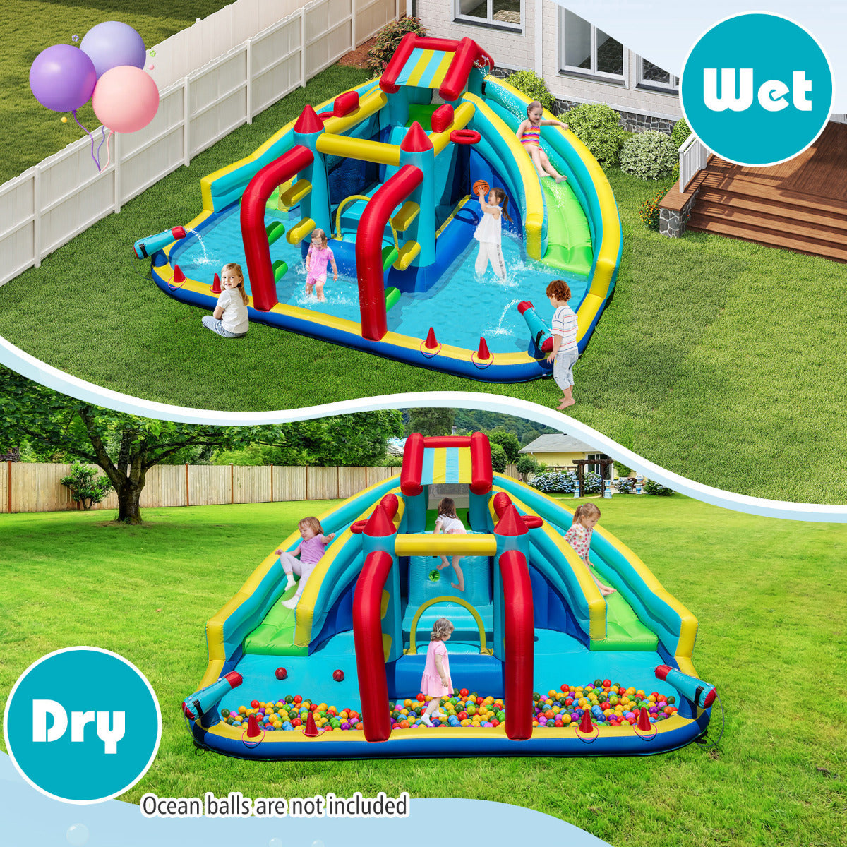 Inflatable Double Water Slide Park with Obstacle Course and Basketball Hoops(With Blower)
