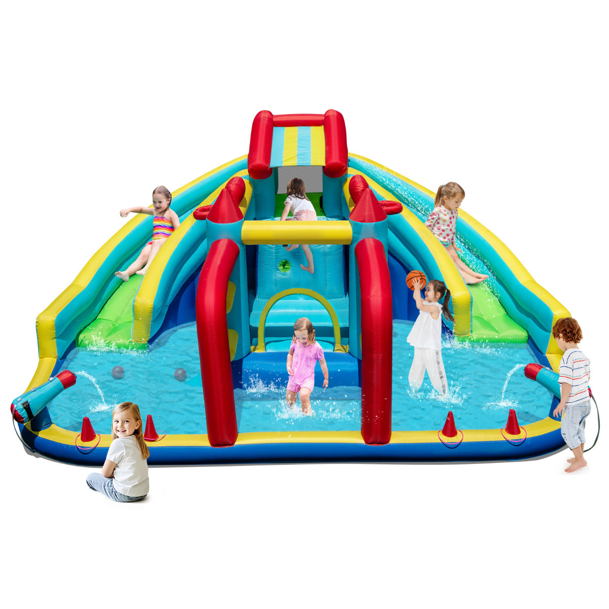Inflatable Double Water Slide Park with Obstacle Course and Basketball Hoops(Without Blower)