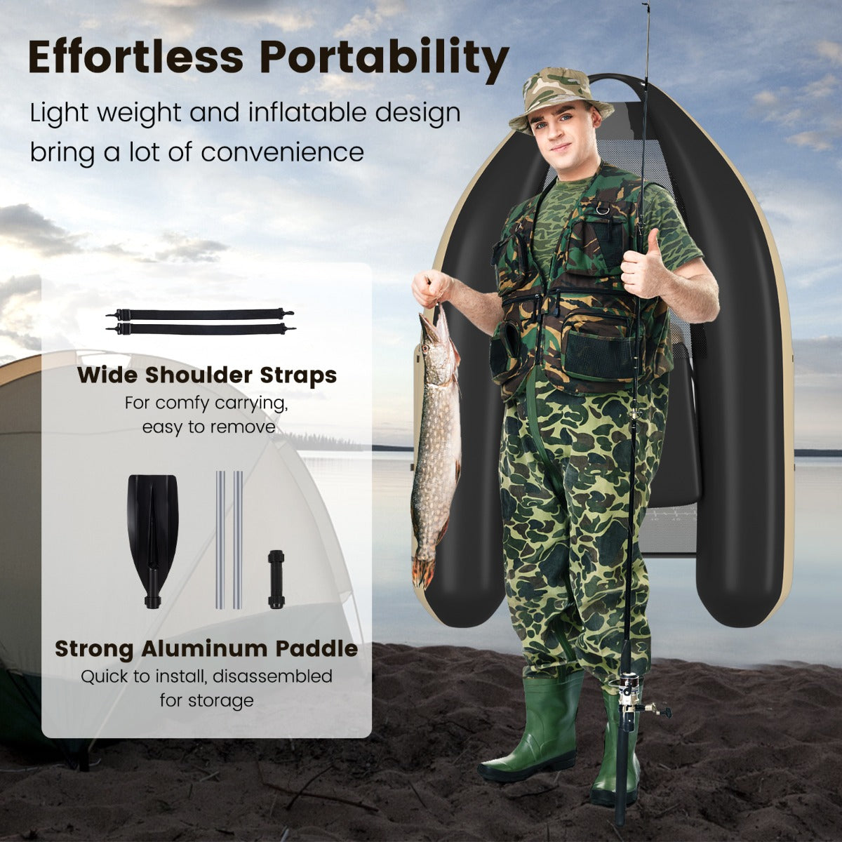 Costway Inflatable Fishing Float Tube with Inflatable Seat for Fishing-Beige