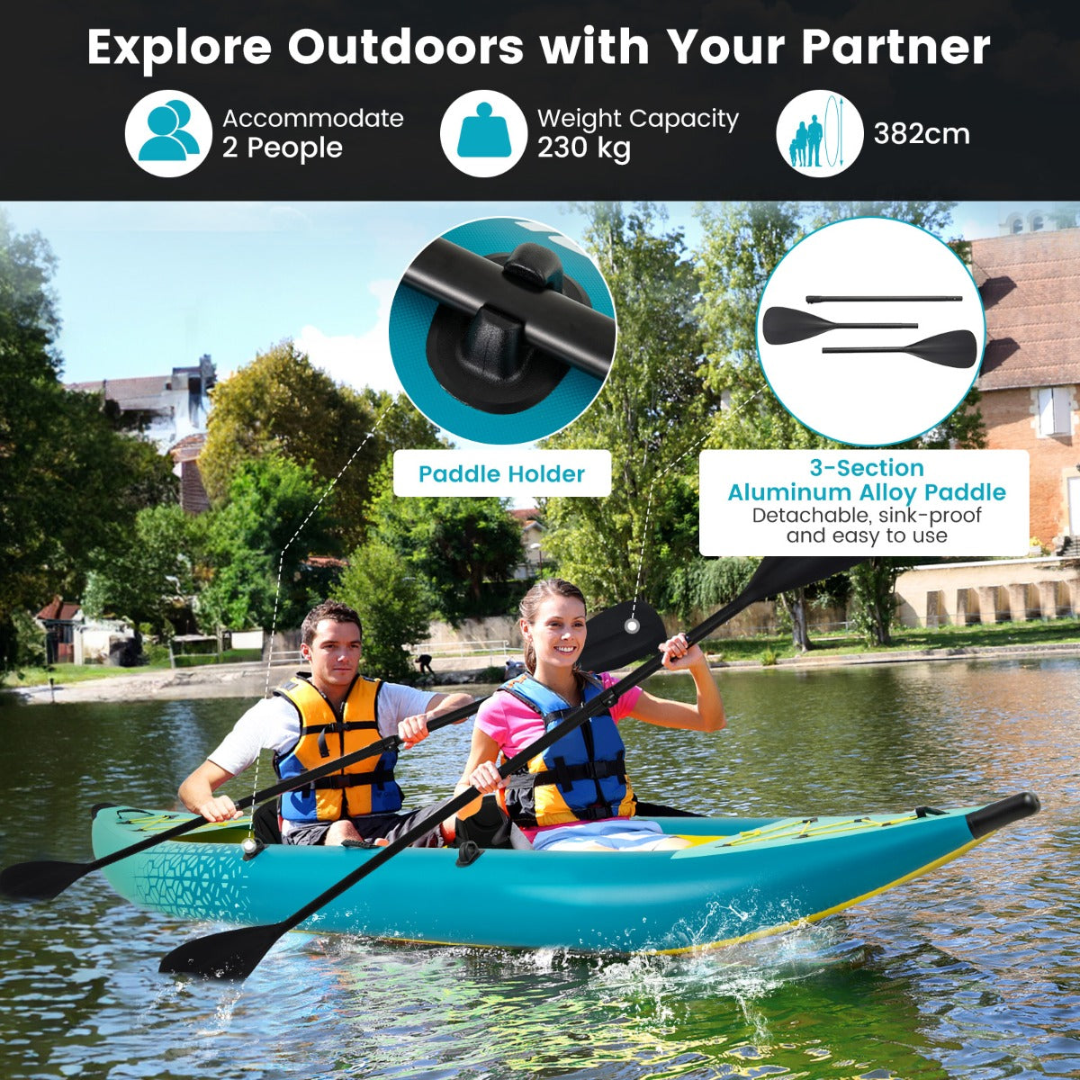 2-person Inflatable Kayak Set with Aluminium Oars Carry Bag-Blue