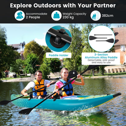 2-person Inflatable Kayak Set with Aluminium Oars Carry Bag-Blue