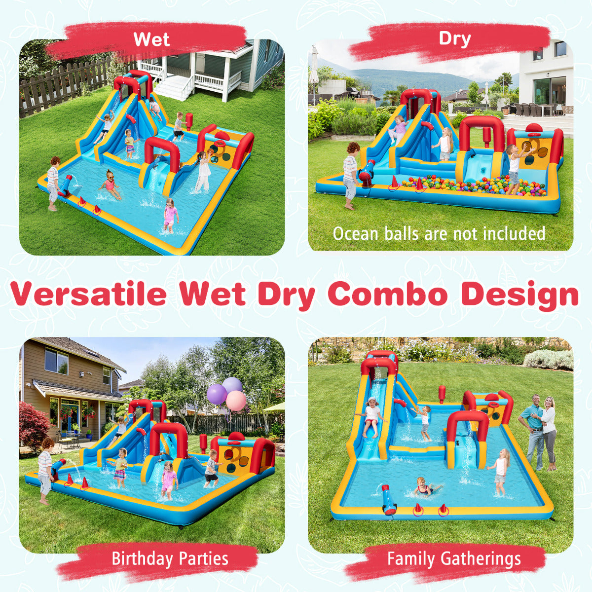 Inflatable Water Park with Climbing Wall and 680W Blower for Birthday Party