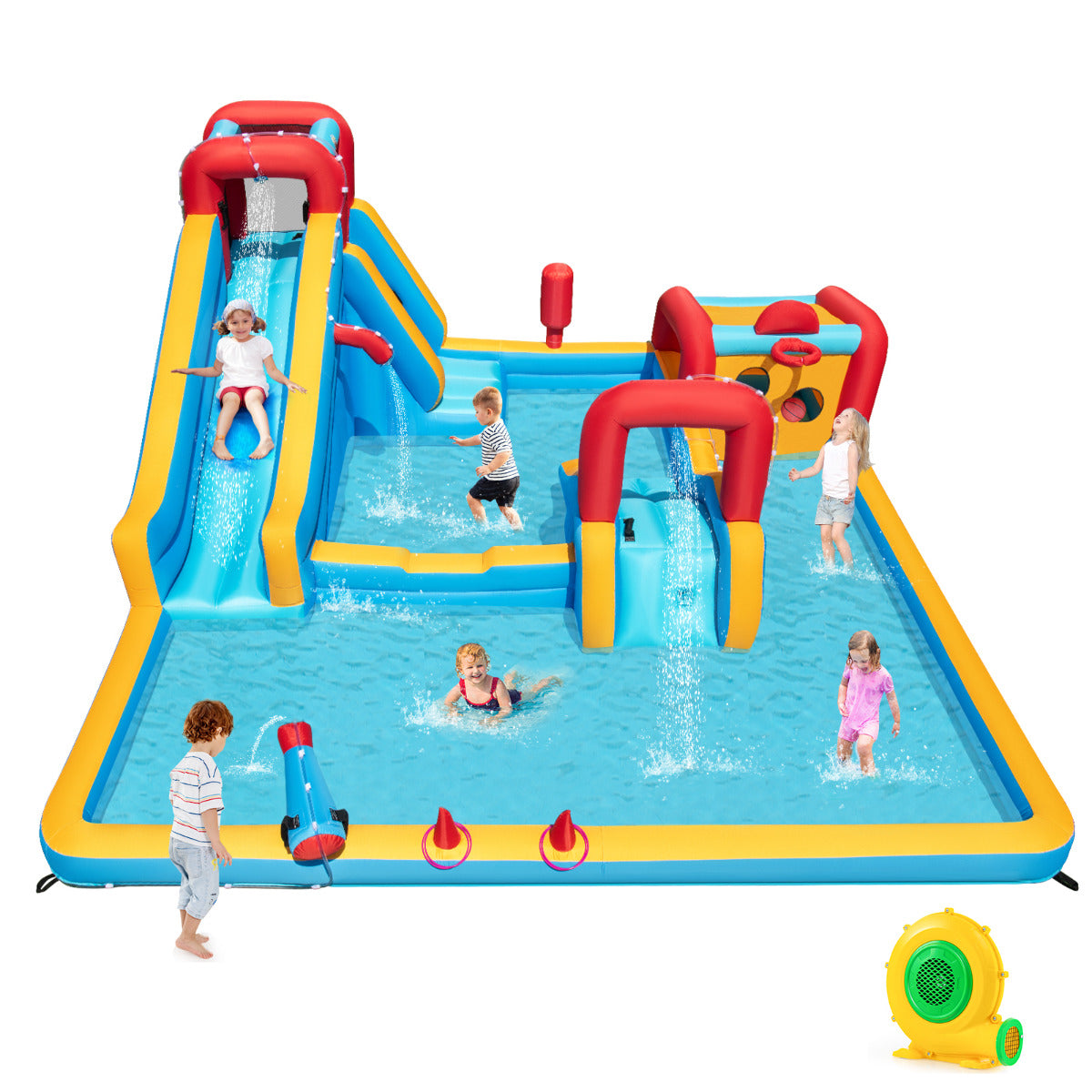 Inflatable Water Park with Climbing Wall and 680W Blower for Birthday Party