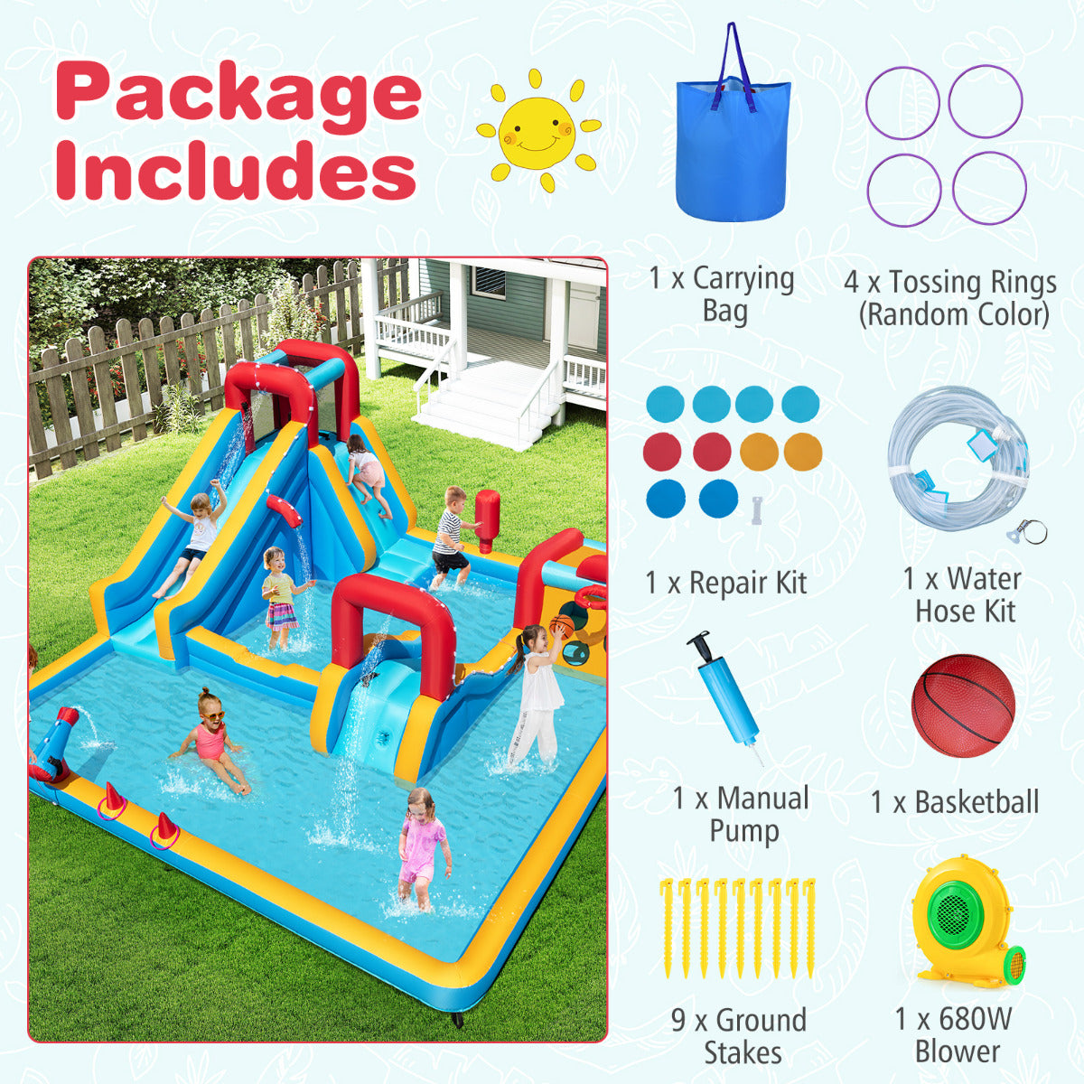 Inflatable Water Park with Climbing Wall and 680W Blower for Birthday Party