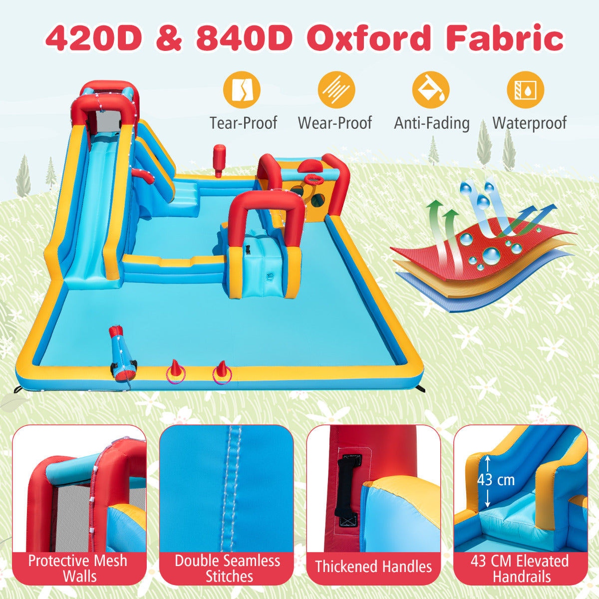 Inflatable Water Park with Climbing Wall and 680W Blower for Birthday Party