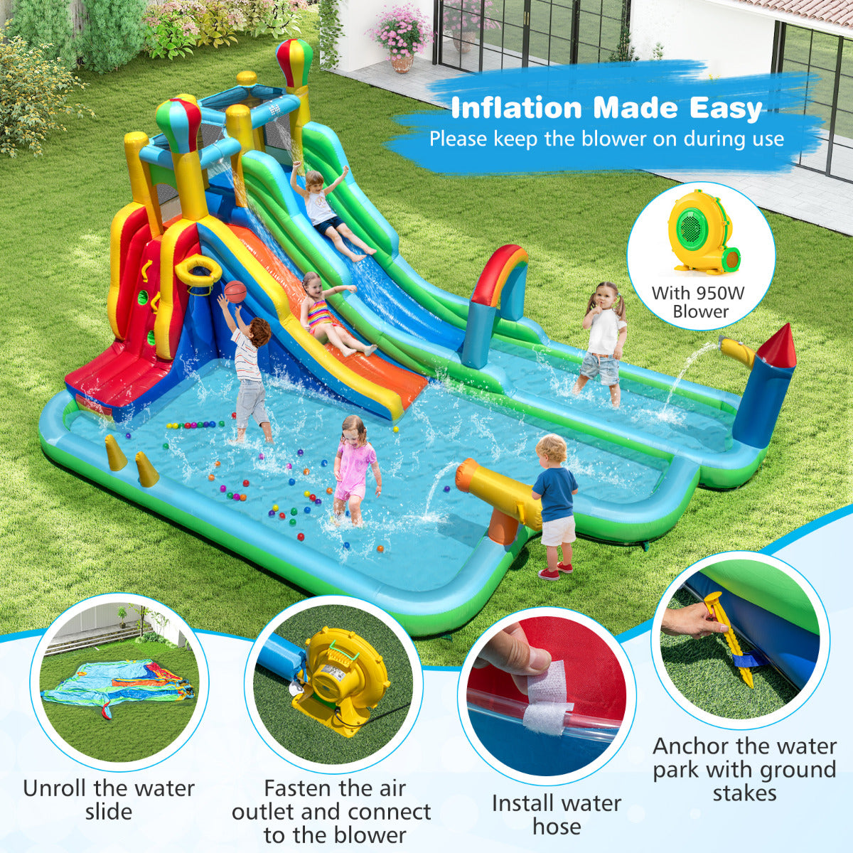 Inflatable Water Park with Climbing Wall with 950W Blower