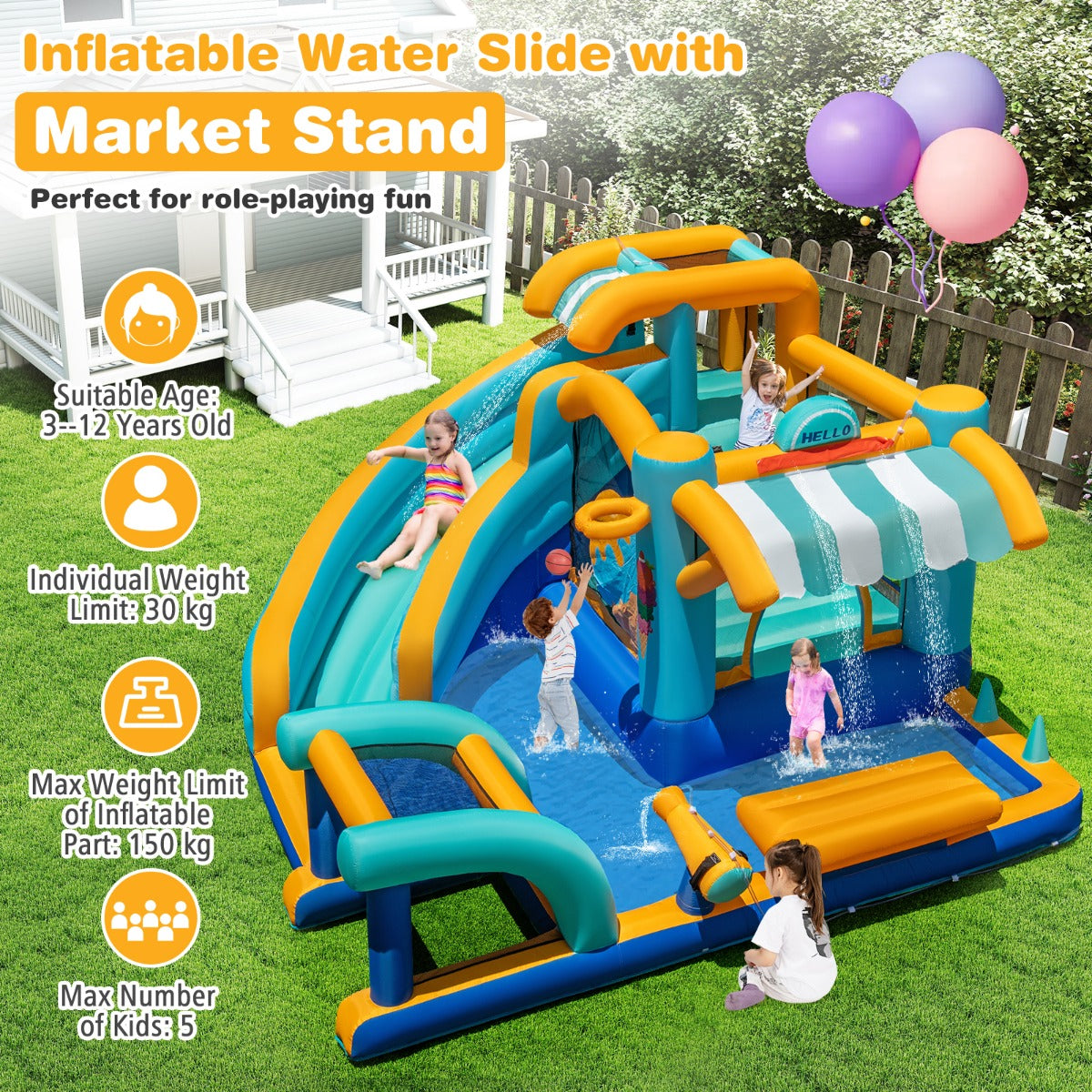 Inflatable Water Park with Market Stand and Climbing Wall (With Blower)