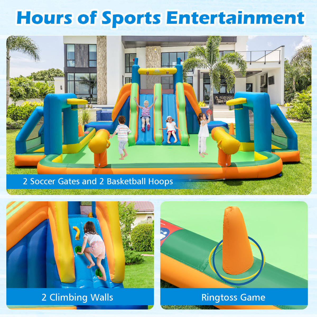 Inflatable Water Slide with Climbing Walls and 2 Long Slides(With Blower)