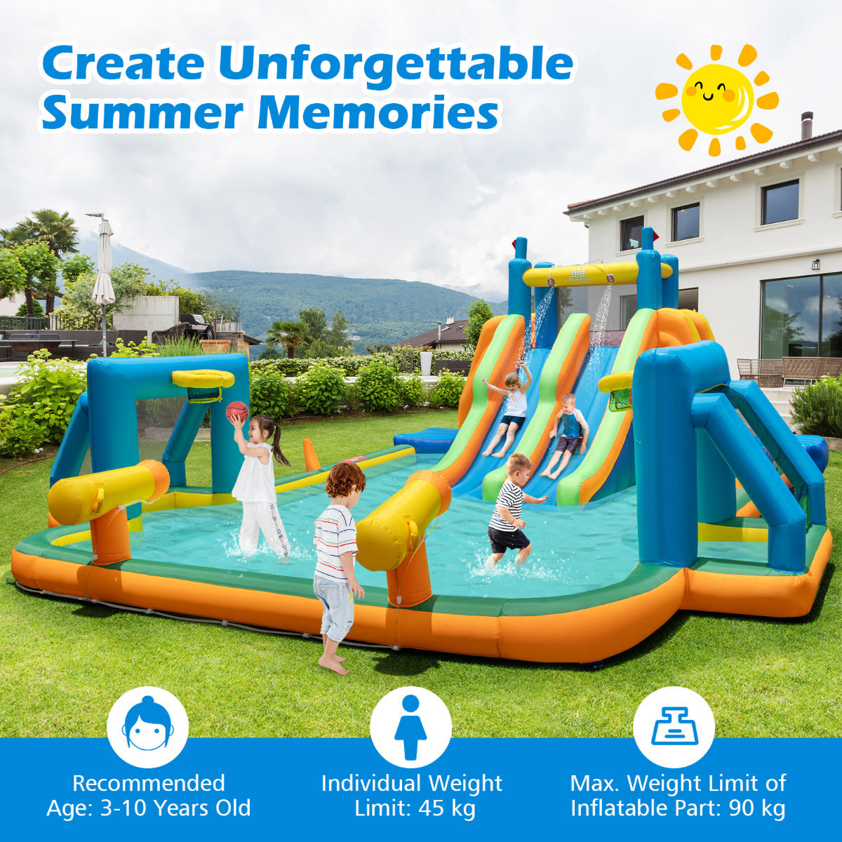 Inflatable Water Slide with Climbing Walls and 2 Long Slides(With Blower)