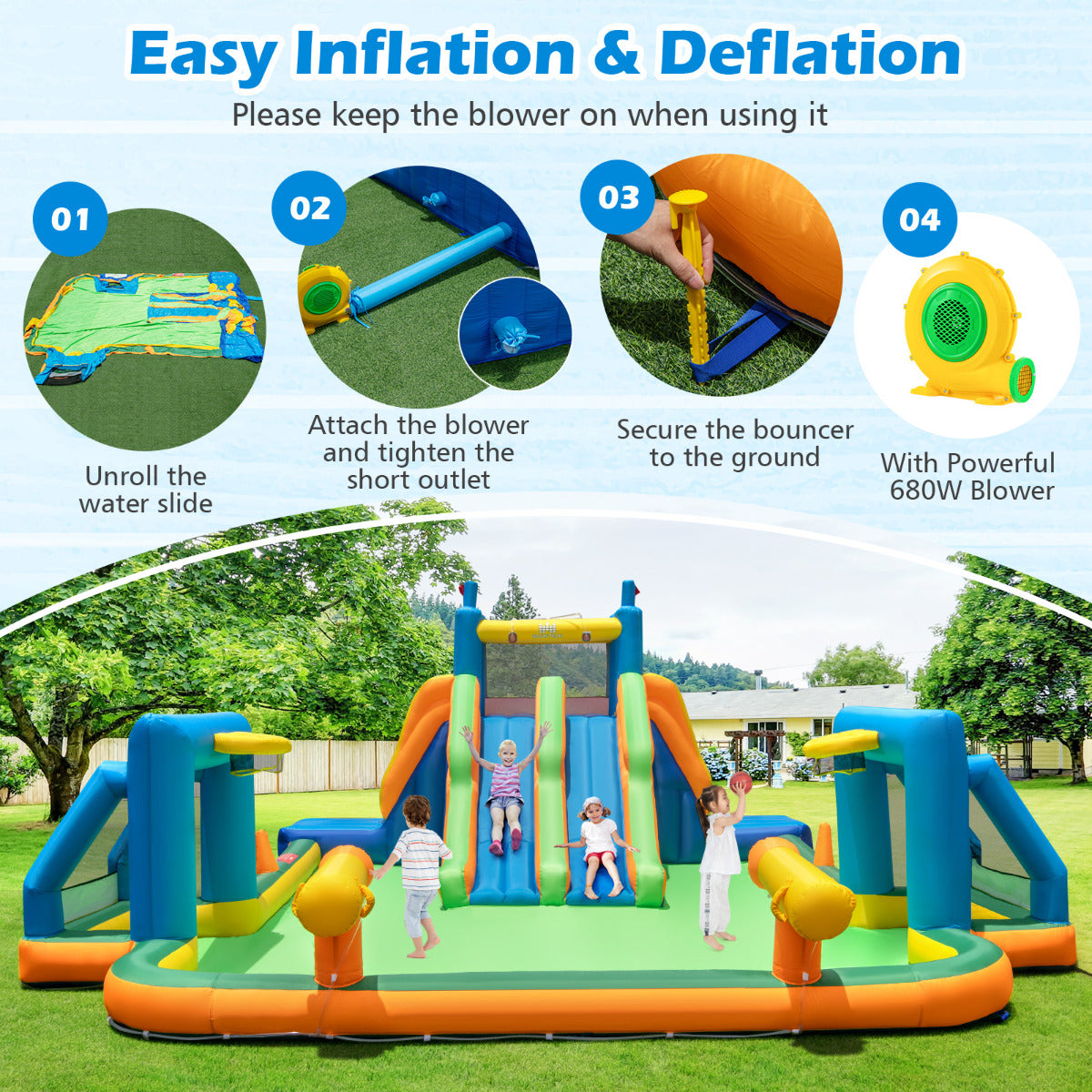 Inflatable Water Slide with Climbing Walls and 2 Long Slides(With Blower)