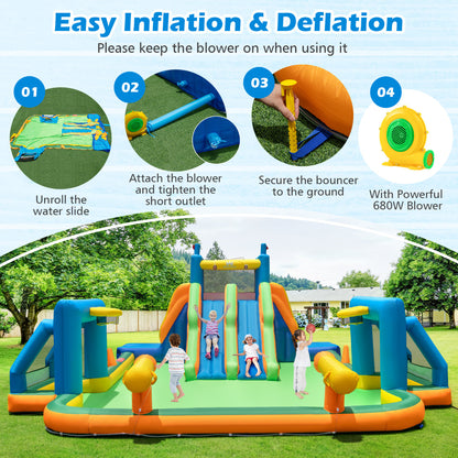 Inflatable Water Slide with Climbing Walls and 2 Long Slides(With Blower)