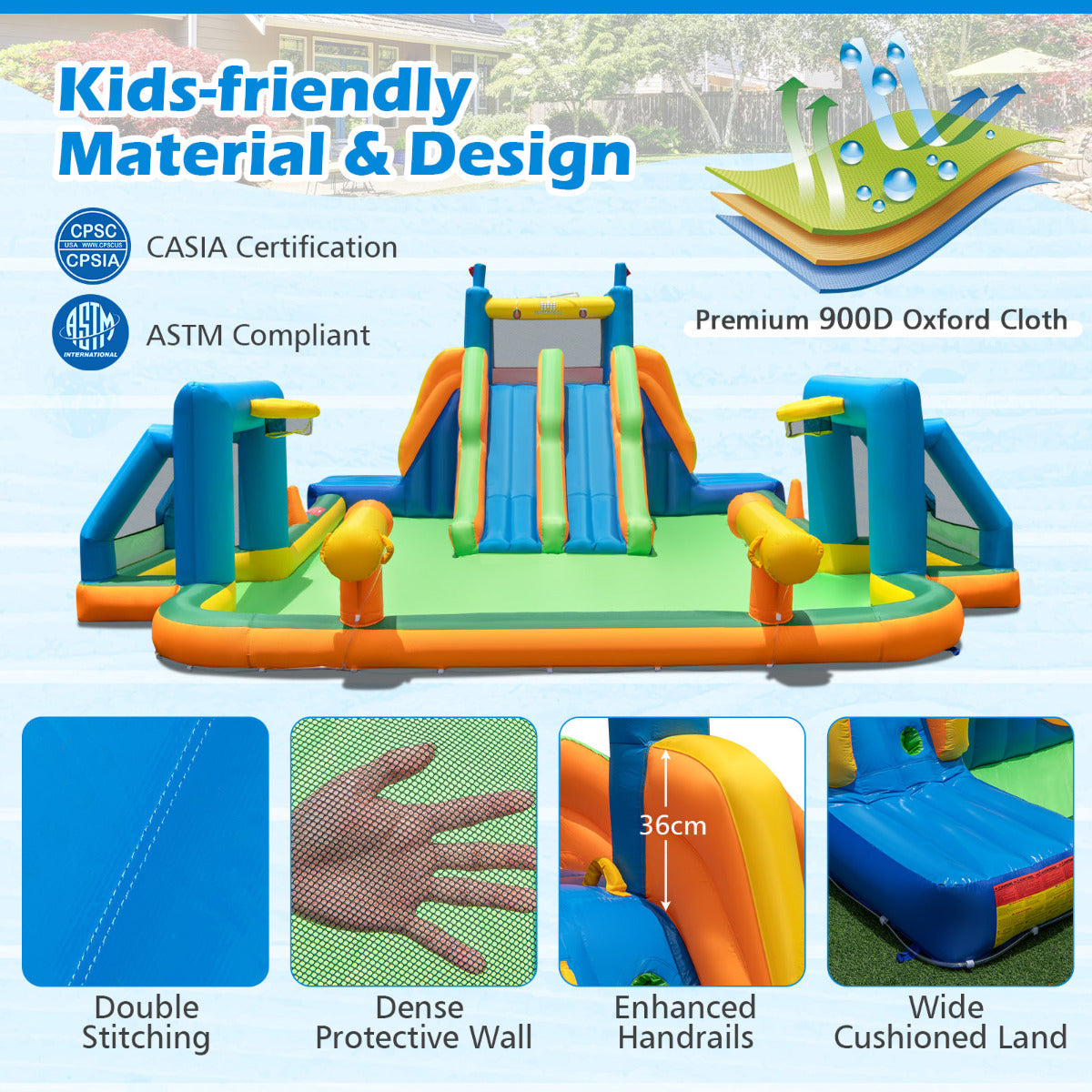 Inflatable Water Slide with Climbing Walls and 2 Long Slides(With Blower)