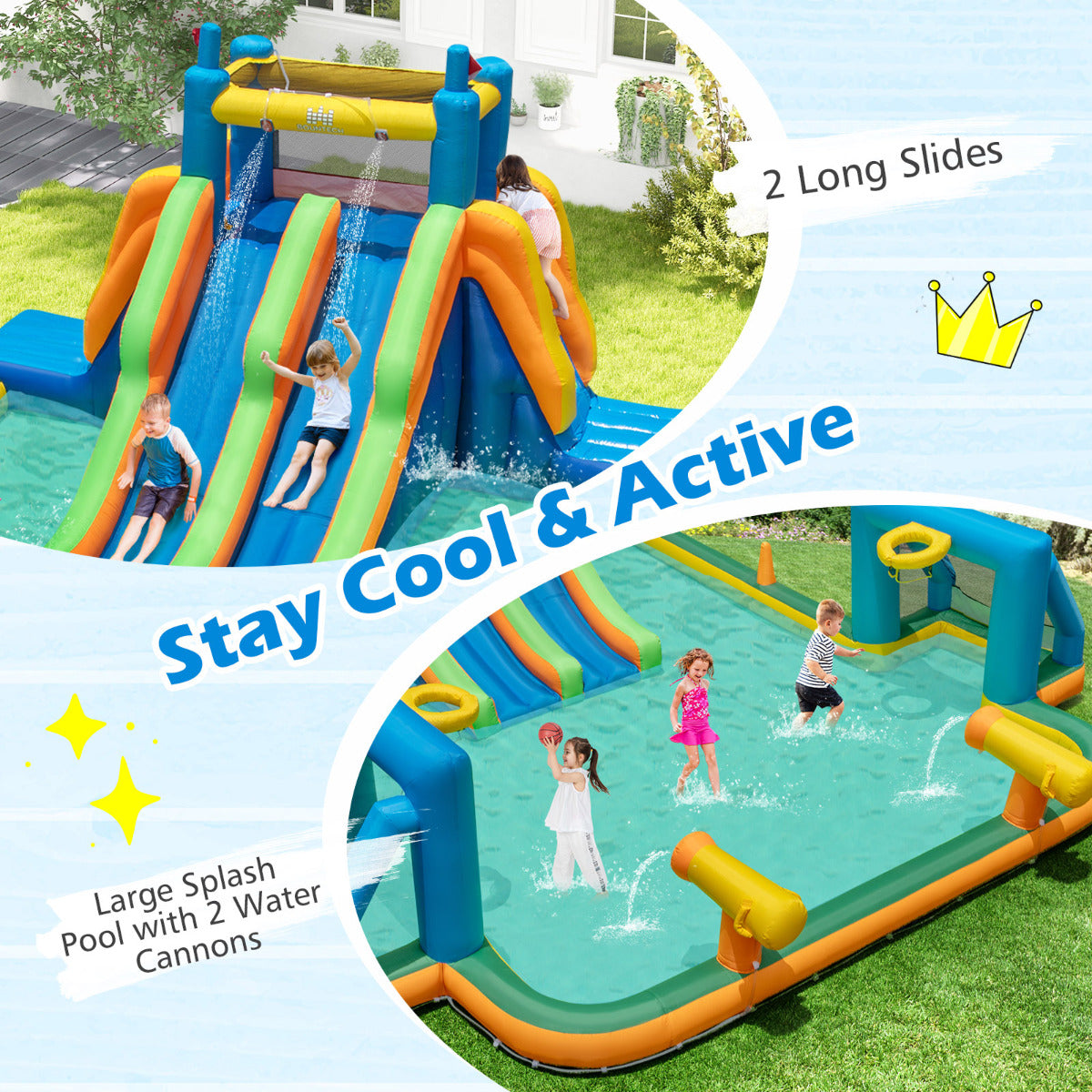 Inflatable Water Slide with Climbing Walls and 2 Long Slides(With Blower)