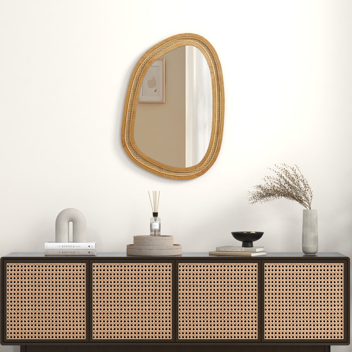 Costway Irregular PVC Rattan Wall Decorative Mirror with Wooden Frame-Natural