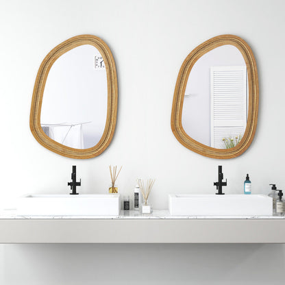 Asymmetrical Boho Wall Mirror with Natural Rattan and Wooden Frame, 85x59 cm