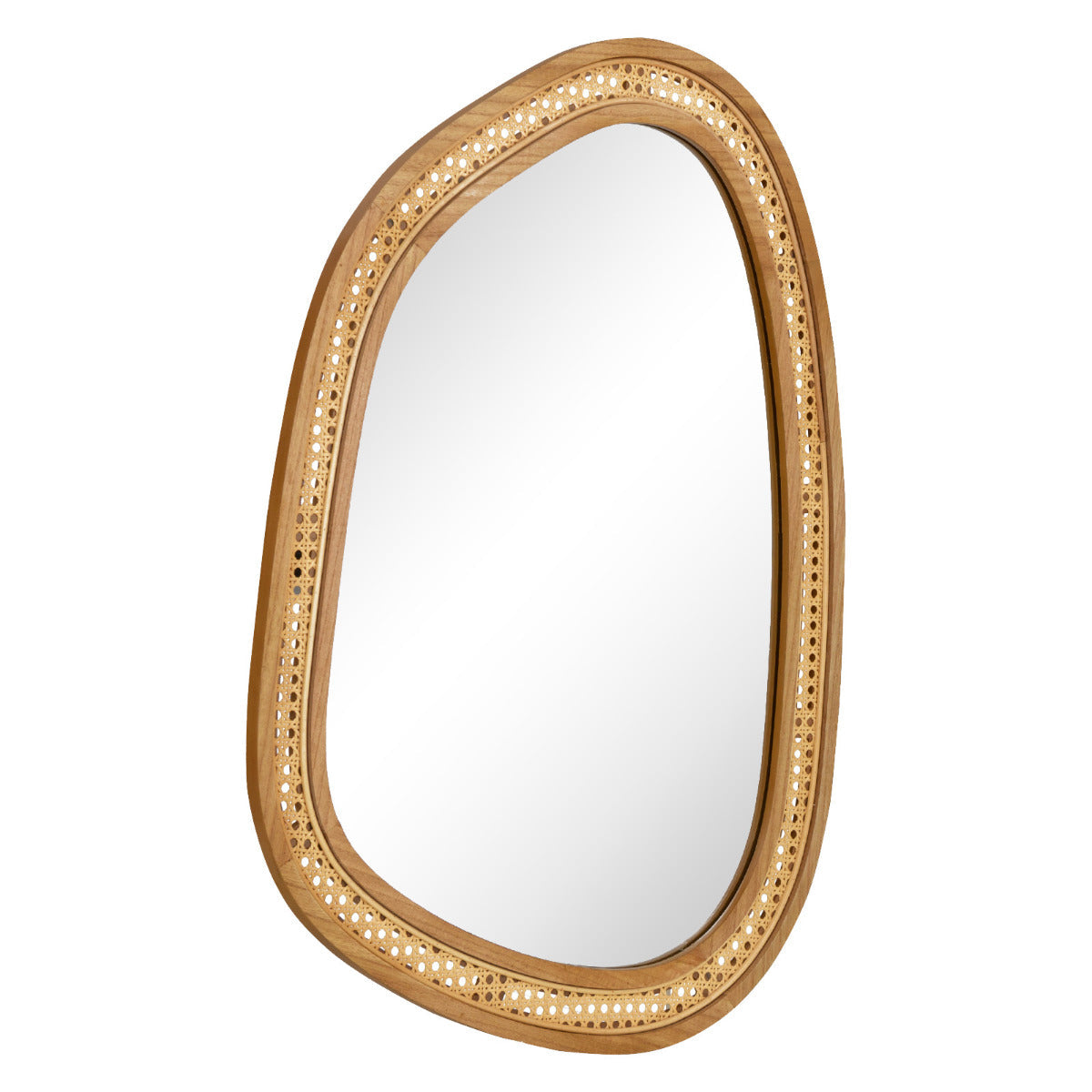 Asymmetrical Boho Wall Mirror with Natural Rattan and Wooden Frame, 85x59 cm