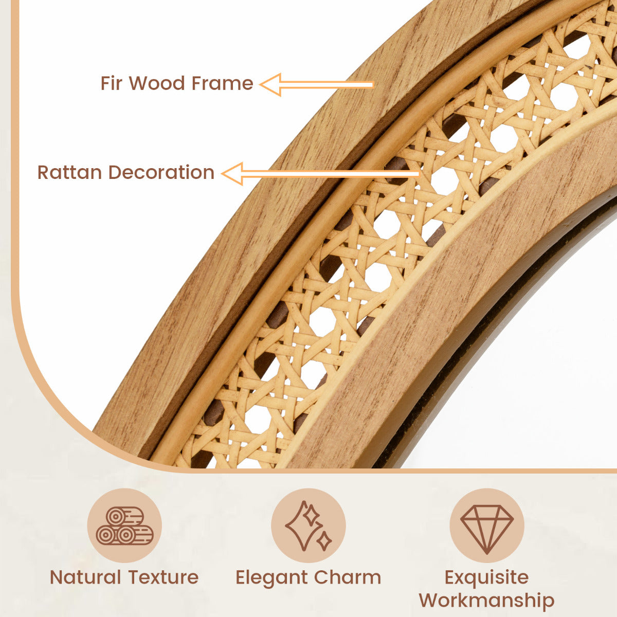 Asymmetrical Boho Wall Mirror with Natural Rattan and Wooden Frame, 85x59 cm