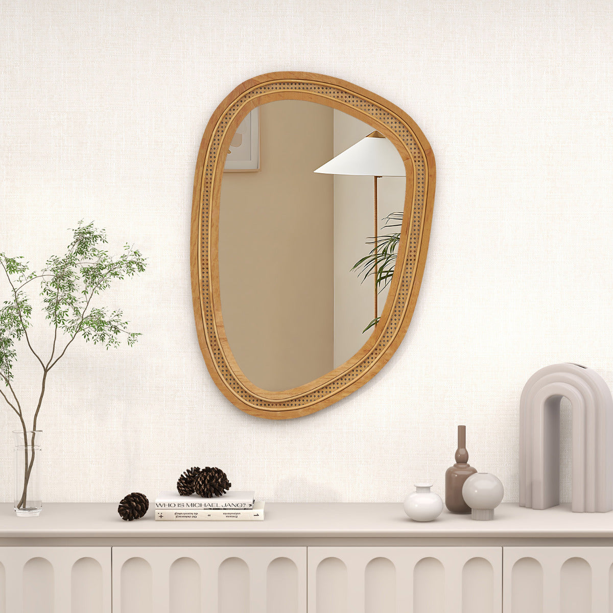 Costway Irregular PVC Rattan Wall Decorative Mirror with Wooden Frame-Natural