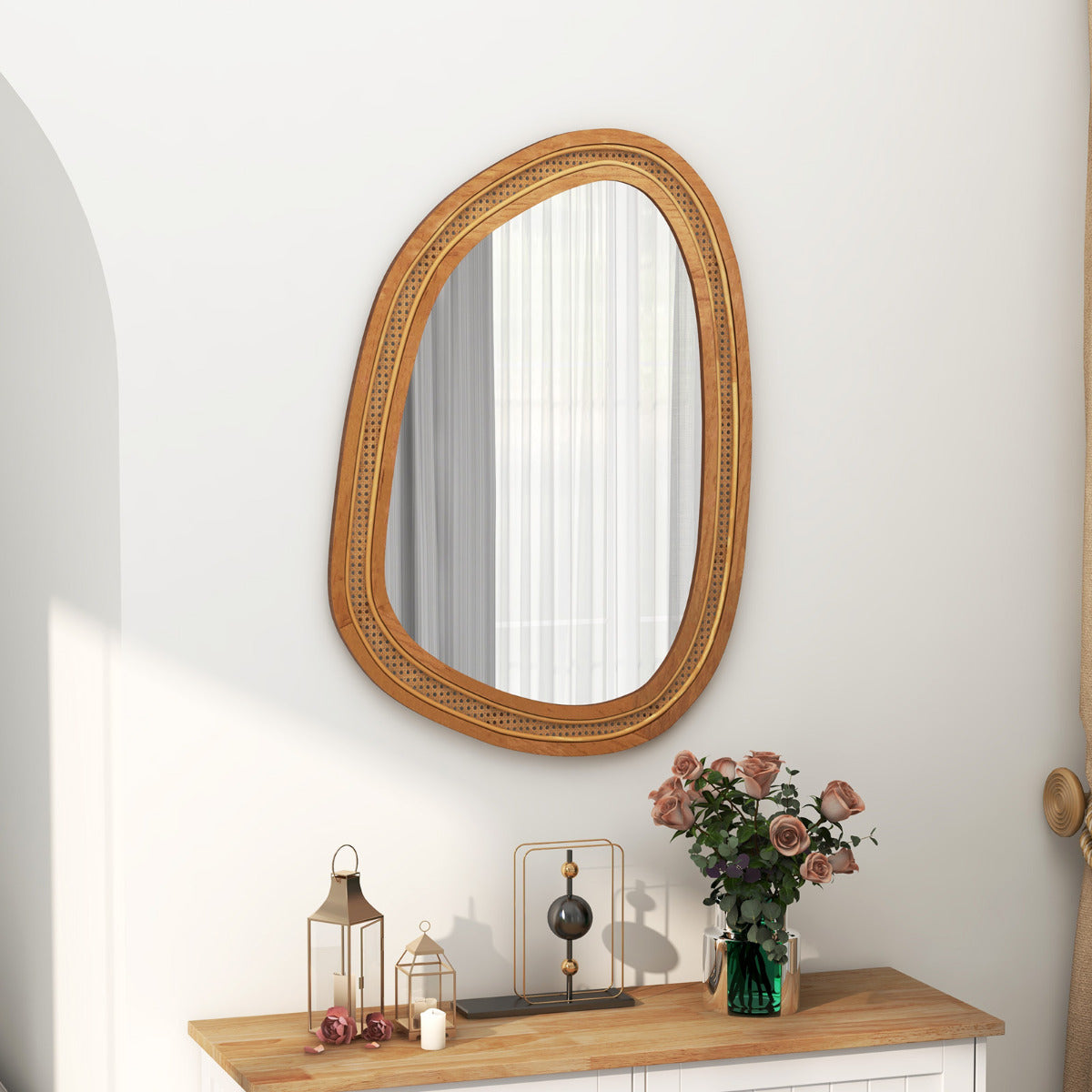 Costway Irregular PVC Rattan Wall Decorative Mirror with Wooden Frame-Natural