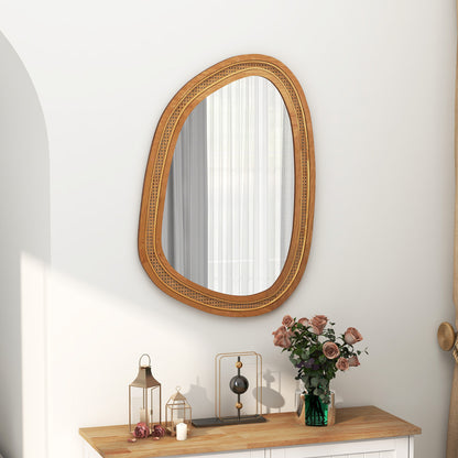 Costway Irregular PVC Rattan Wall Decorative Mirror with Wooden Frame-Natural