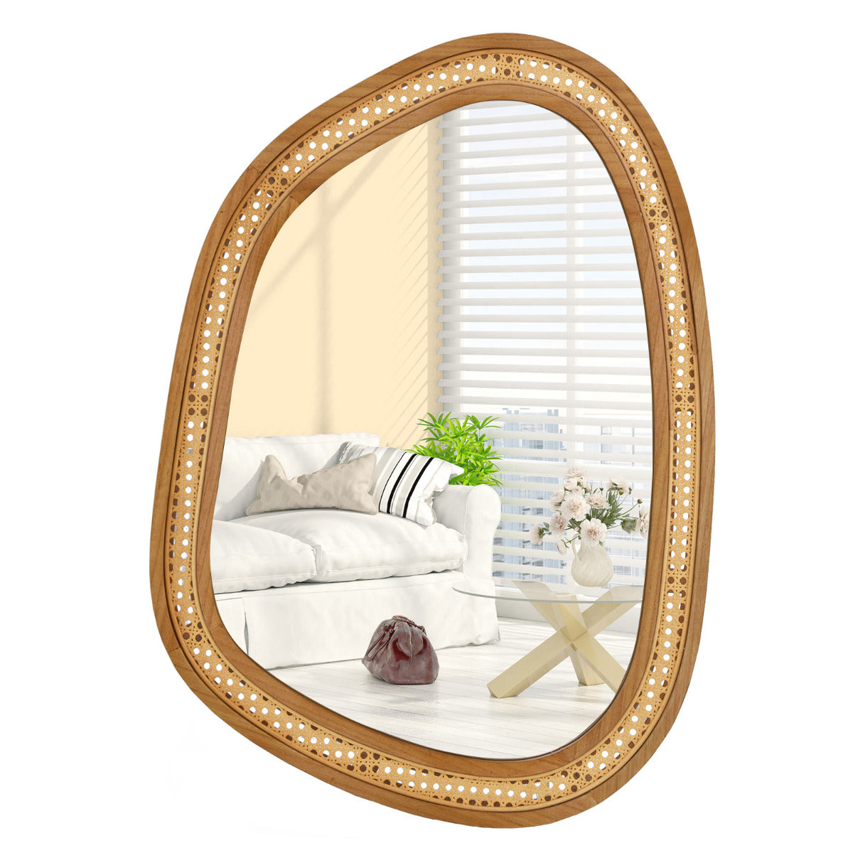 Asymmetrical Boho Wall Mirror with Natural Rattan and Wooden Frame, 85x59 cm