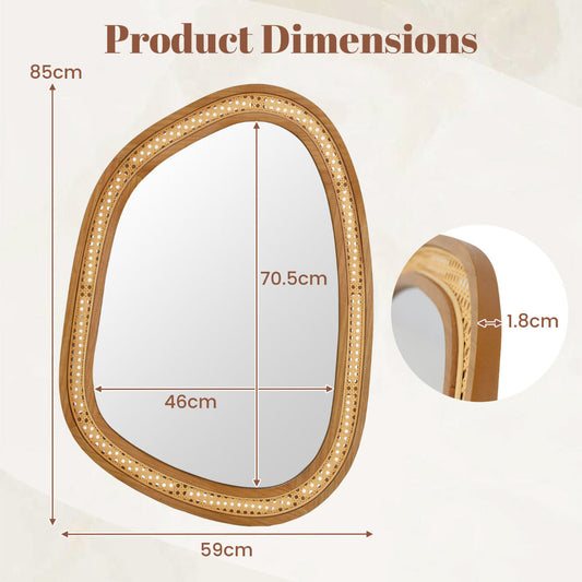 Asymmetrical Boho Wall Mirror with Natural Rattan and Wooden Frame, 85x59 cm
